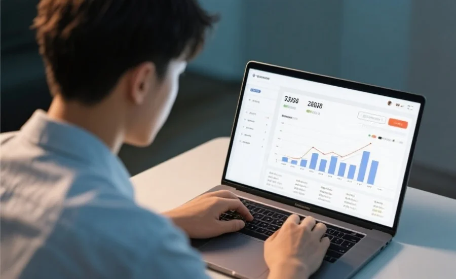 一位年轻用户在笔记本电脑前专注浏览开奖结果，屏幕上显示清晰的数字和图表