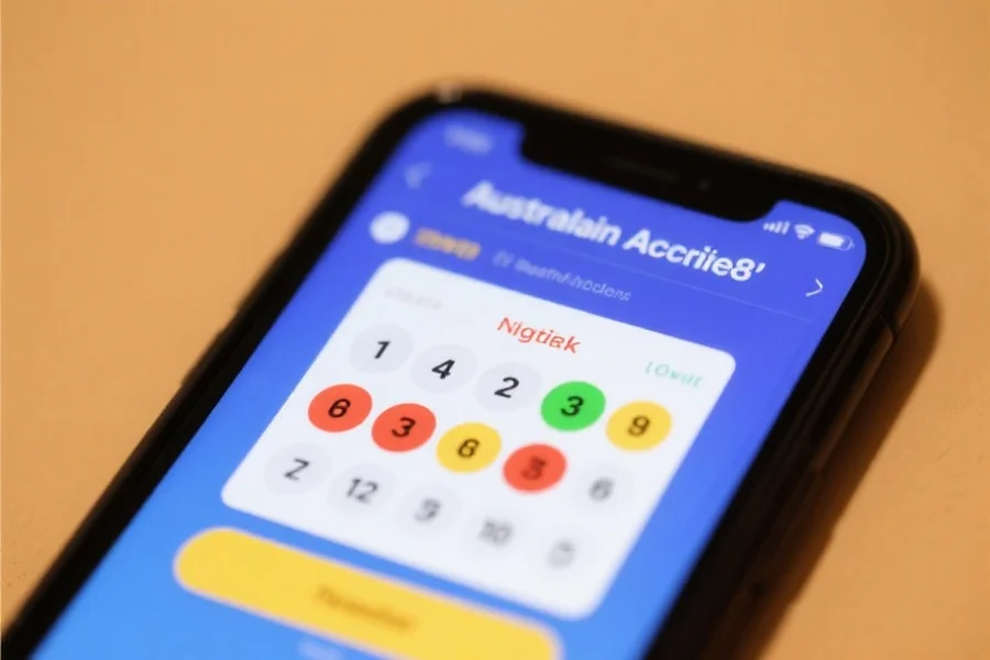 近距离拍摄一部智能手机屏幕，正在显示澳洲幸运8最新开奖号码的界面，界面简洁直观，色调明快